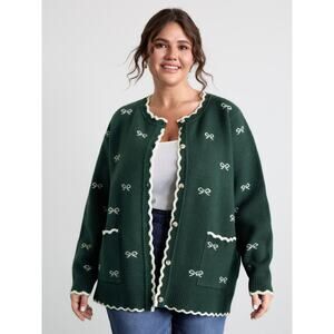 BLOOMCHIC Womens Bow Cardigan Jacquard Wavy Edge Knit Green 3X Cozy Coquette